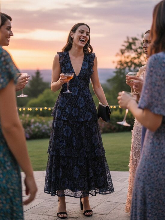Lulus Dresses & Skirts - Lulus Molinetto Navy Blue Lace Ruffled Tiered Sleeveless Maxi Dress NWT